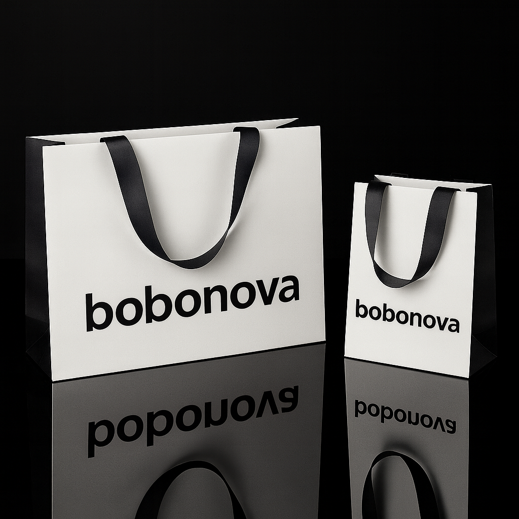 Sac papier shopping noir et blanc personnalisé avec votre logo